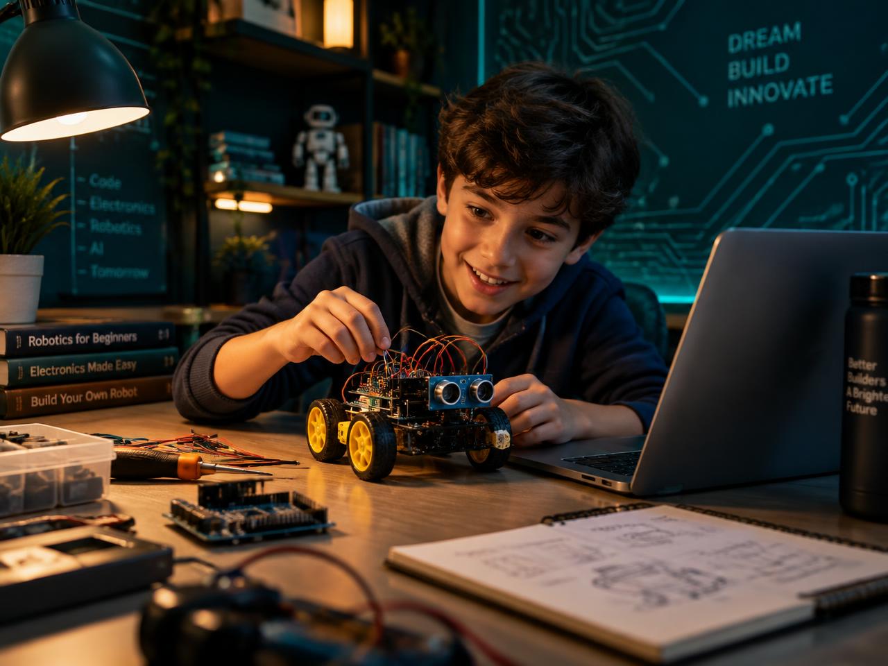Niño construyendo un robot con componentes electrónicos